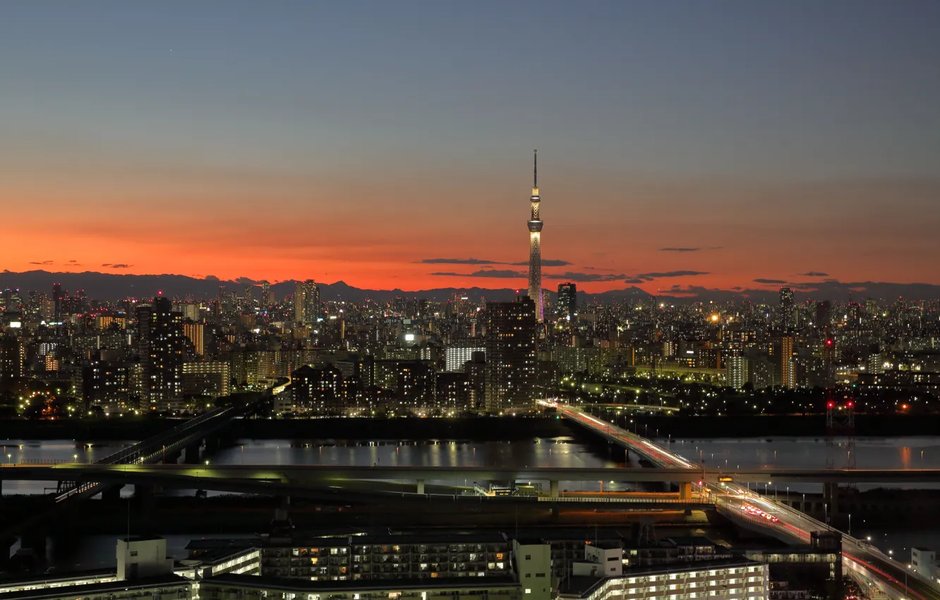 Photo wallpaper Tokyo, Japan, twilight, sunset, clouds, hills, dusk, silhouette