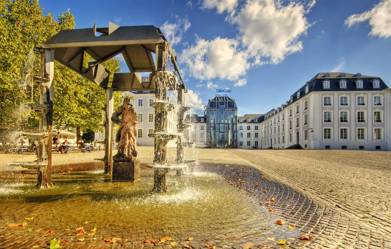 Photo wallpaper water, the sun, the city, street, people, home, monument, fountain