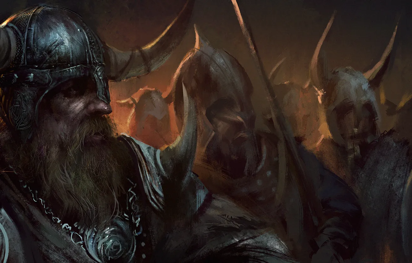 Photo wallpaper sword, warrior, horns, helmet, beard, shield, Viking, Viking
