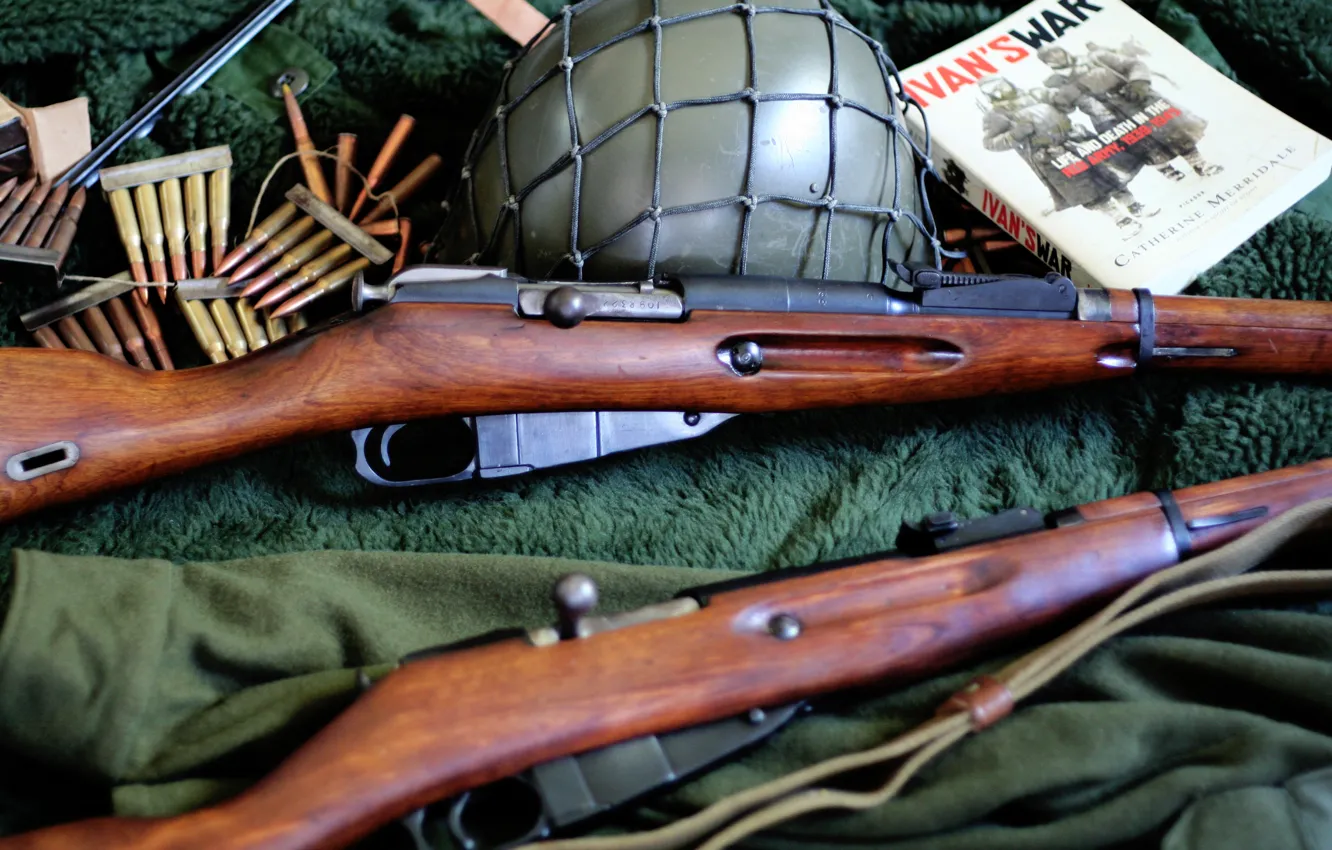 Photo wallpaper cartridges, rifle, helmet, Mosin