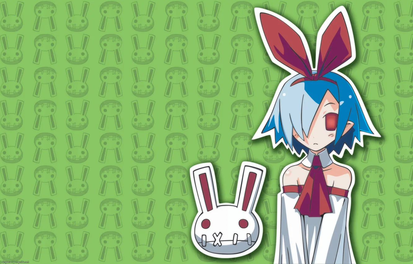 Photo wallpaper rabbit, red eyes, blue hair, green background, disgaea, pleinair, by takehito harada