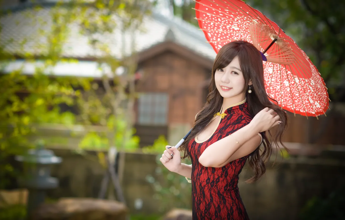 Photo wallpaper look, umbrella, dress, Asian, cutie