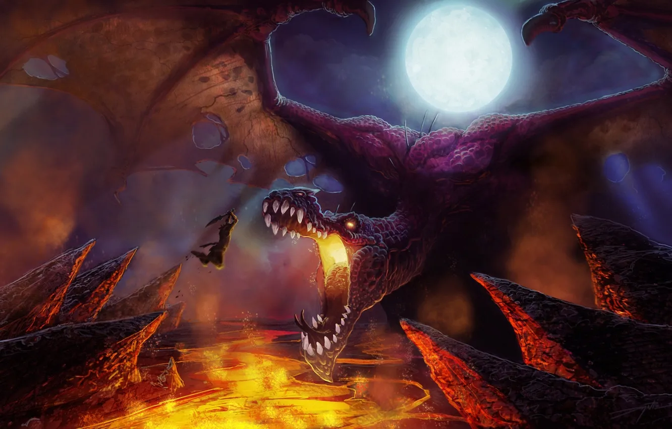 Photo wallpaper night, rocks, the moon, dragon, wings, sword, warrior, art