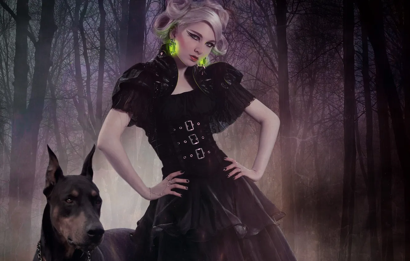 Photo wallpaper forest, girl, dog, earrings, crystals