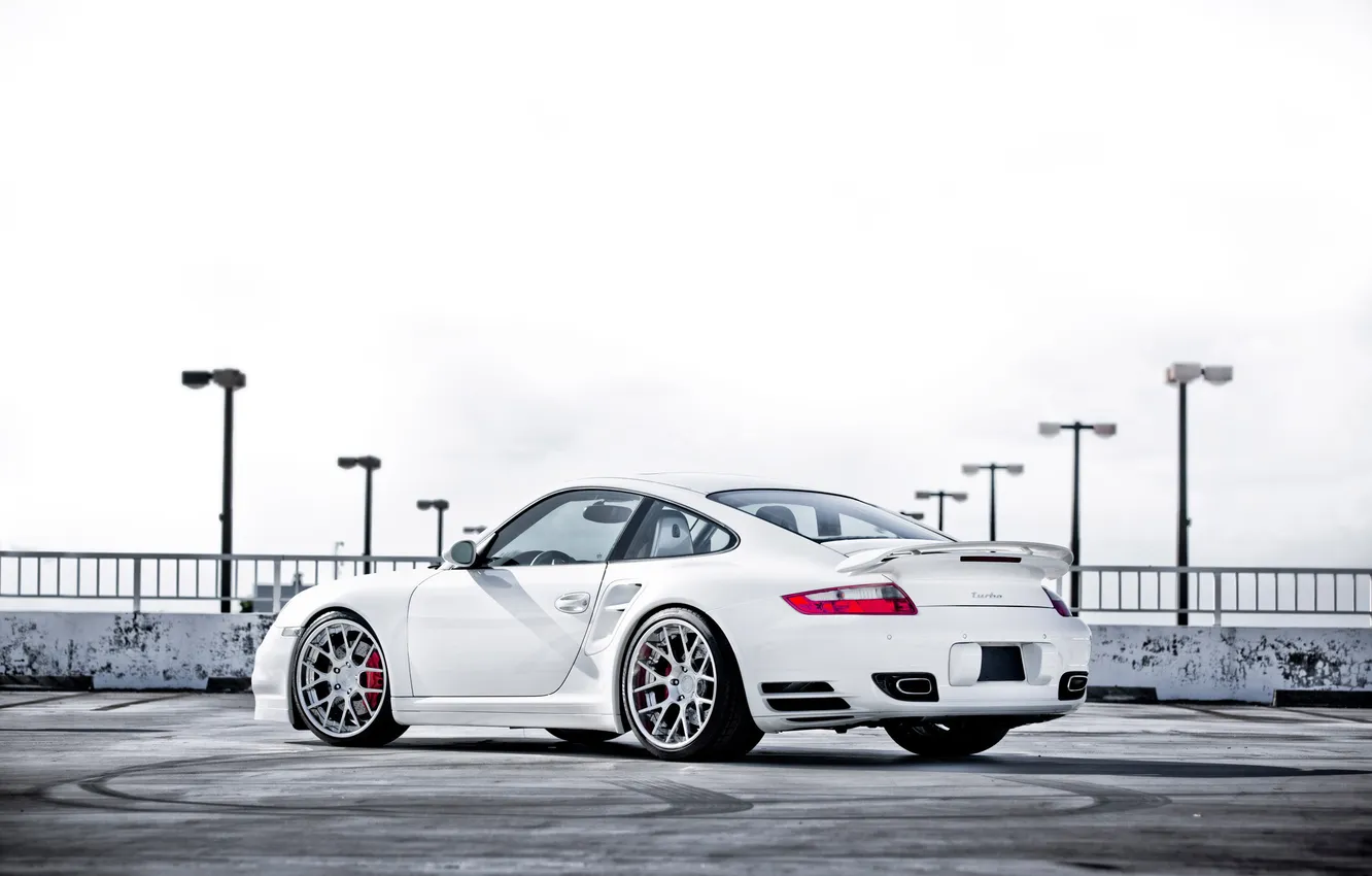 Photo wallpaper white, 997, Porsche, white, Porsche, Turbo, the rear part, turbo