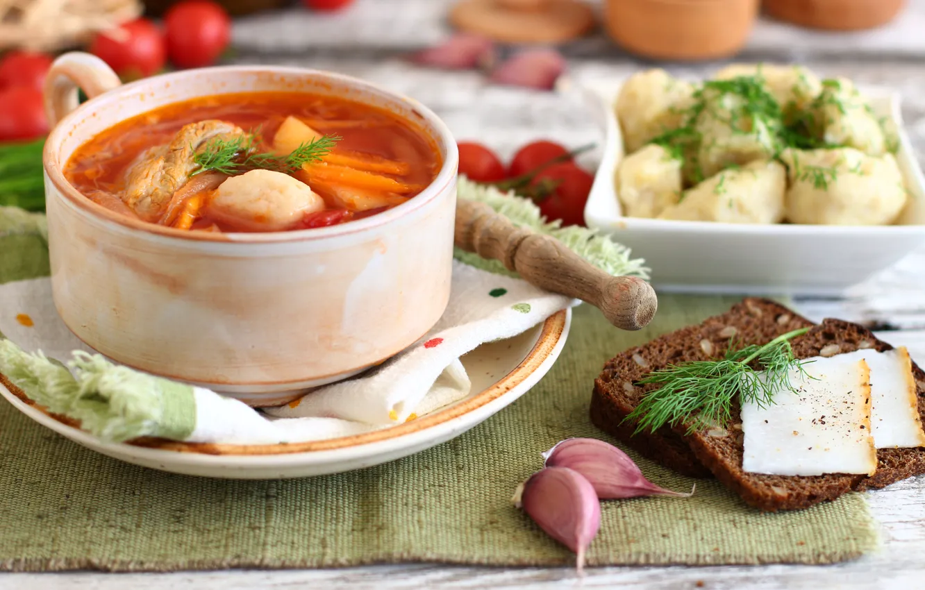 Photo wallpaper bread, soup, garlic, fat