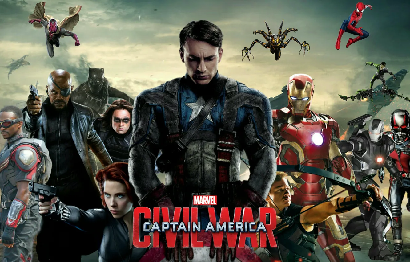 Photo wallpaper Falcon, Captain America, Black widow, Spider Man, nick fury, Ant-Man, Hawkeye, Vision