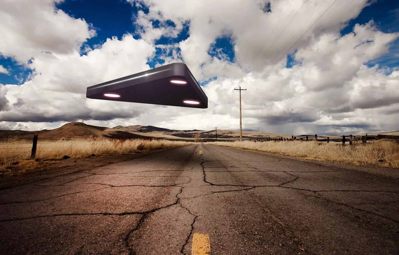 Photo wallpaper road, sky, clouds, UFO, flying saucers, Milano (spacecraft)