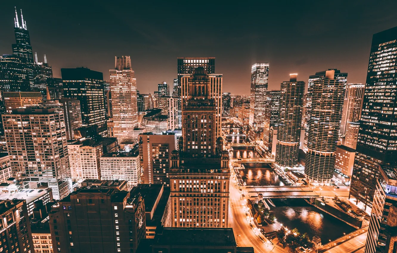 Photo wallpaper night, the city, lights, Chicago, USA