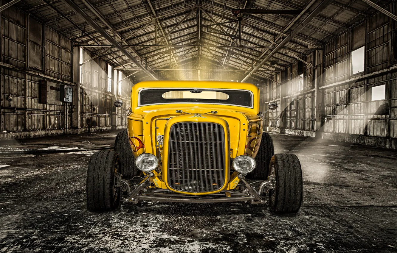 Photo wallpaper yellow, retro, lights, hangar, classic, the front, hot-rod, classic car