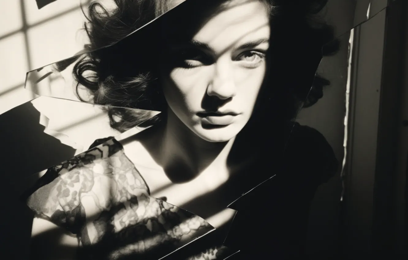 Photo wallpaper eyes, look, girl, light, fragments, cracked, the dark background, portrait