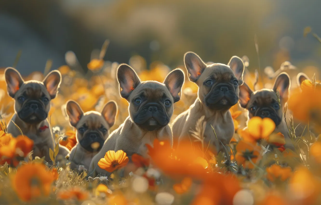 Photo wallpaper summer, look, flowers, orange, pose, glade, dog, baby