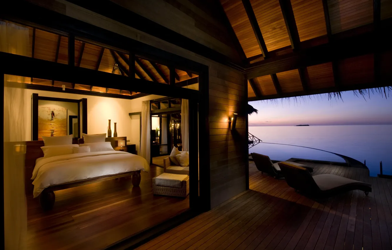 Photo wallpaper design, style, interior, Bungalow, bedroom, evening in luxury water villa