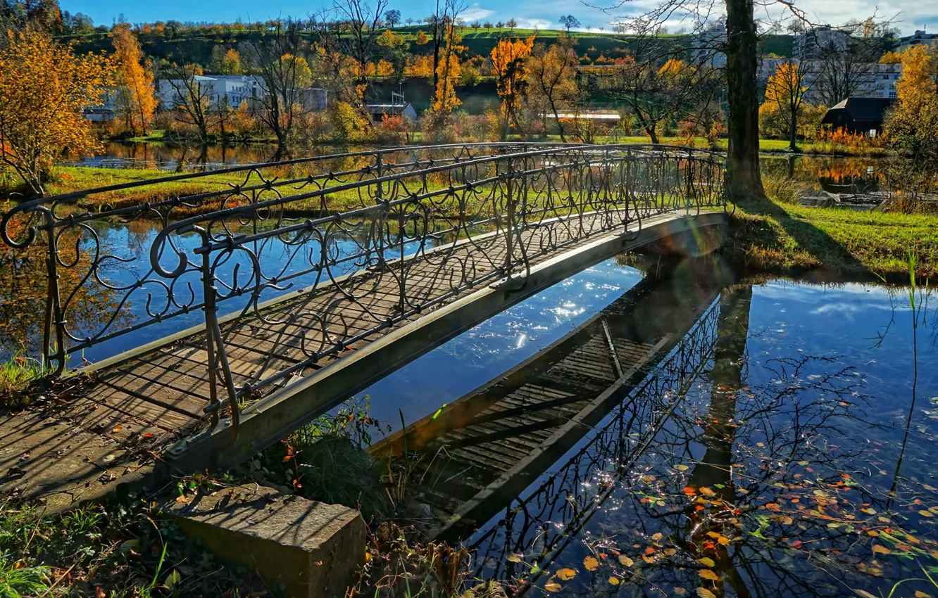 Photo wallpaper autumn, Park, stream, Switzerland, the bridge, the Canton of Zurich
