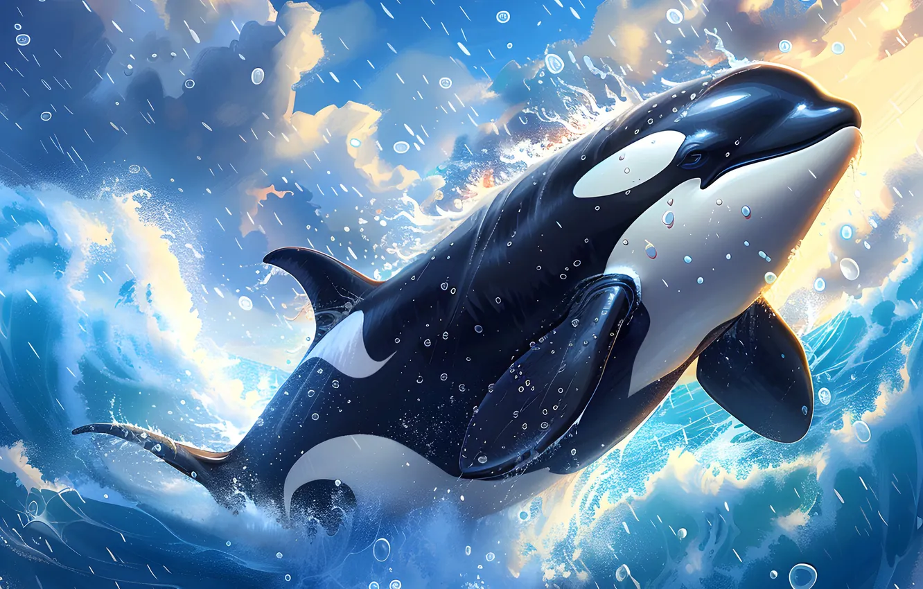 Photo wallpaper wave, jump, whale, digital art, AI art, The Art of Artificial Intelligence, neural network