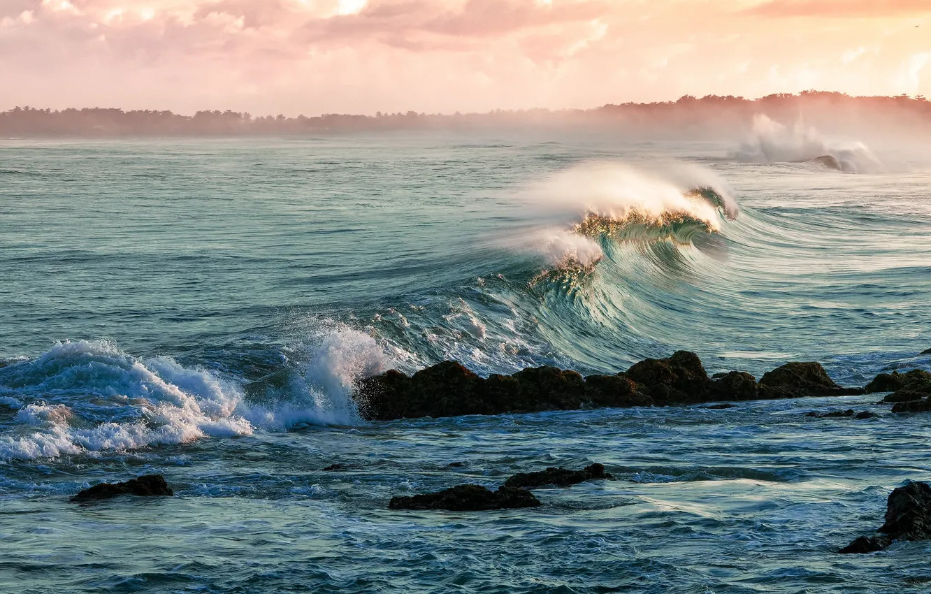 Photo wallpaper sea, wave, clouds, light, stones, the ocean, shore, surf