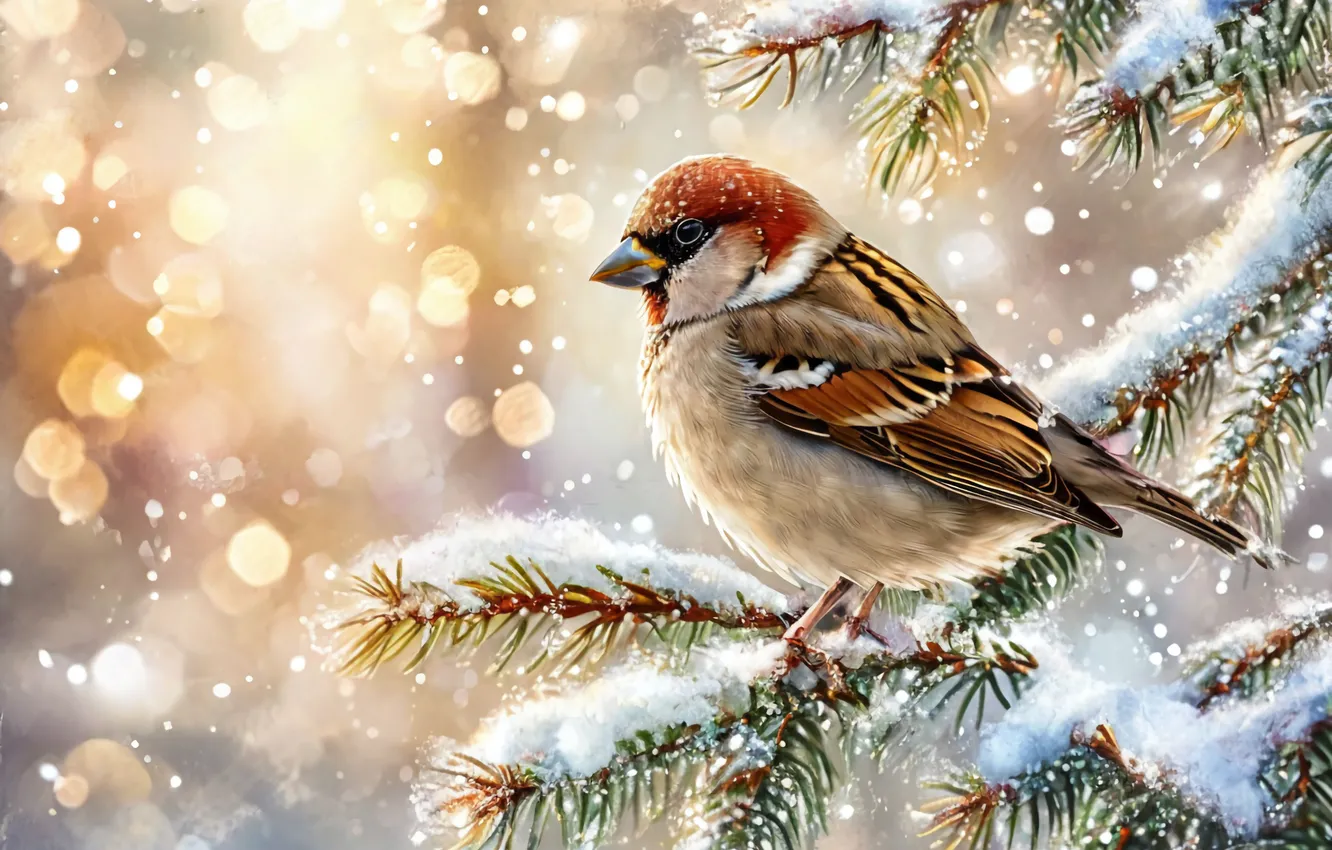 Photo wallpaper snow, new year, Sparrow