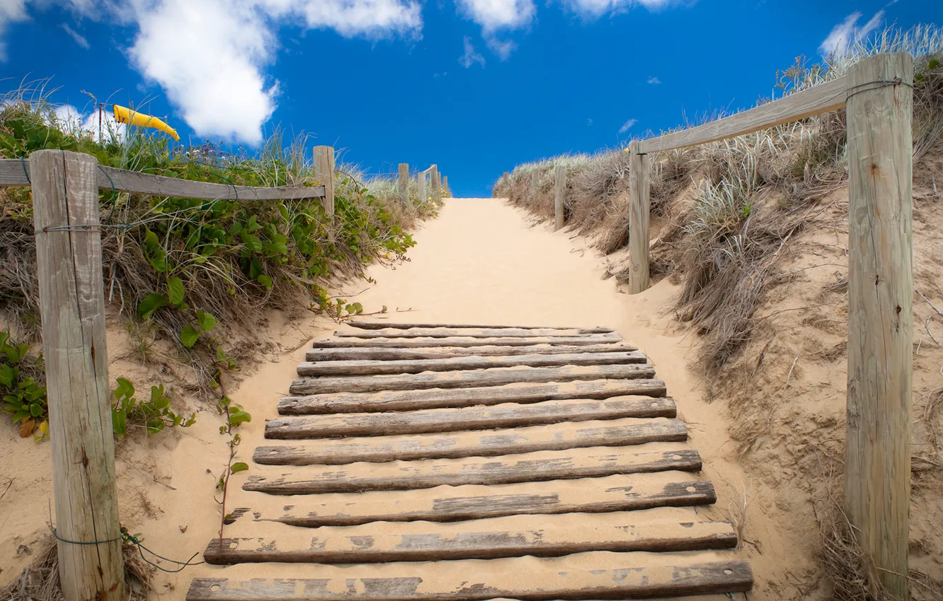 Photo wallpaper road, sand, sea, the sky, landscape, island, Australia, ladder