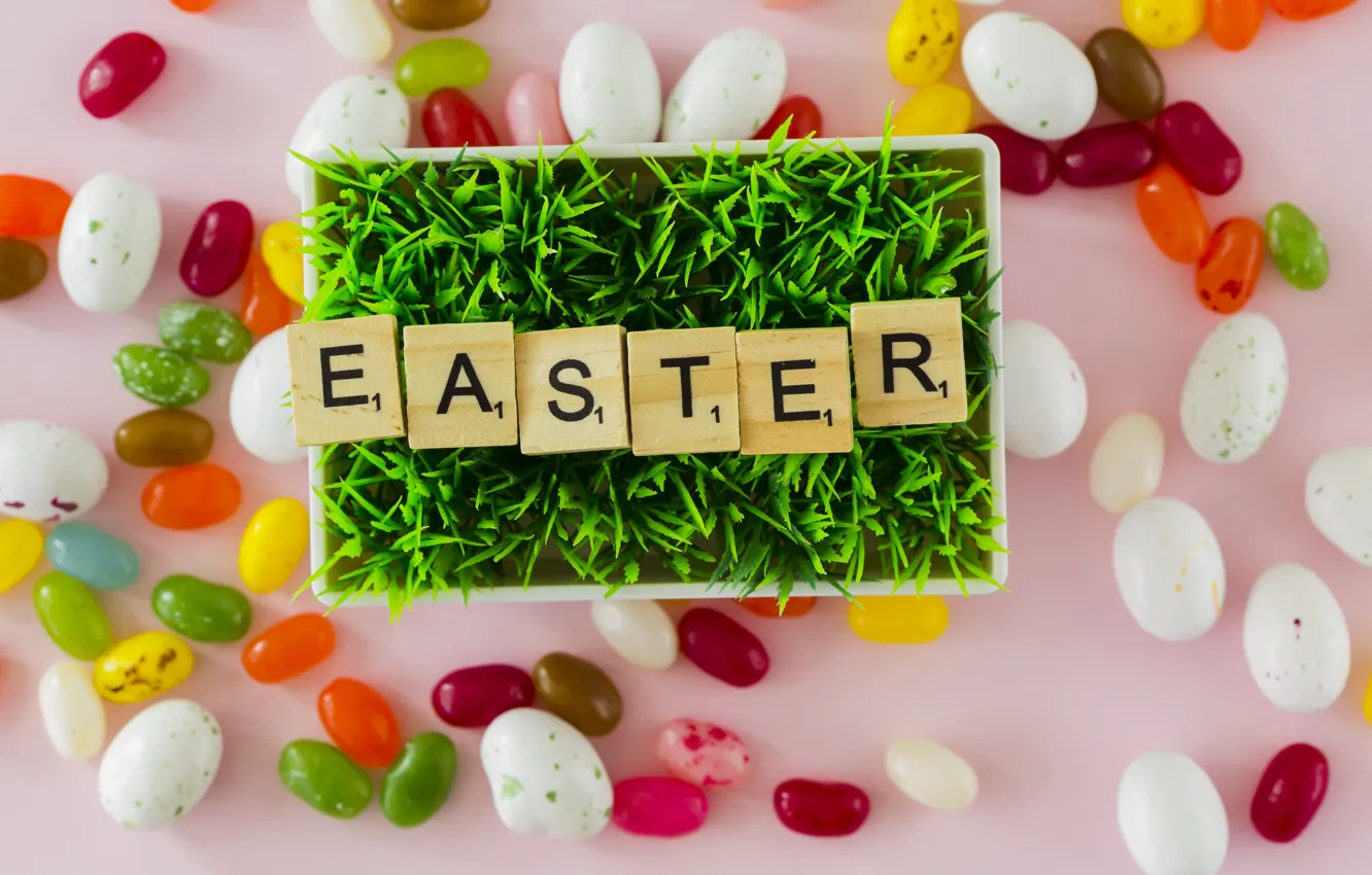 Photo wallpaper grass, letters, eggs, candy, Easter, Holiday
