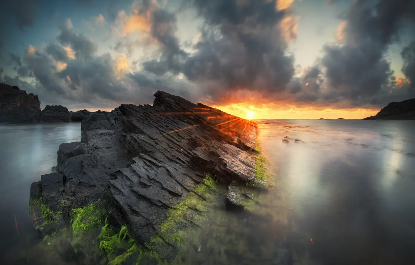 Photo wallpaper sea, the sun, rays, nature, rocks