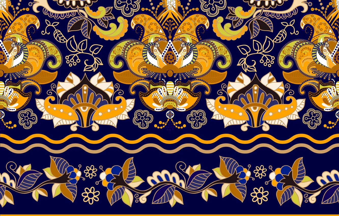 Photo wallpaper yellow, pattern, texture, wallpaper, ornament, blue background, Colorful, floral