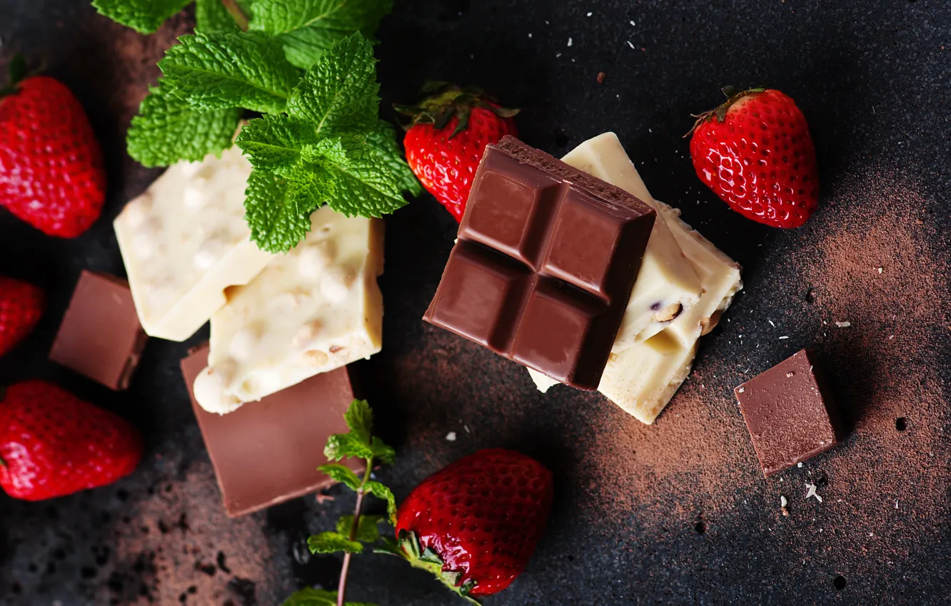 Photo wallpaper chocolate, strawberry, nuts, mint, sweet, delicious, Natalia Klenova