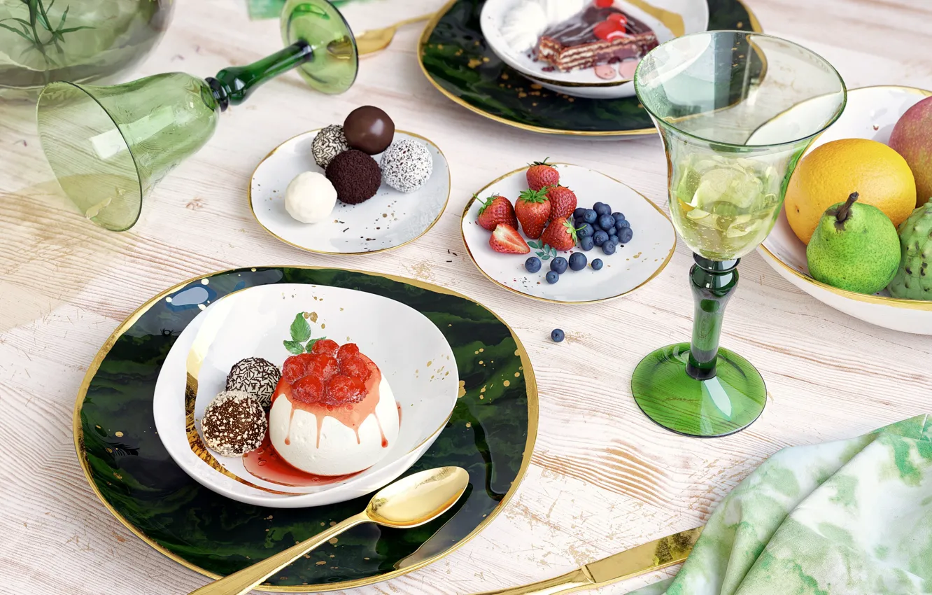 Photo wallpaper berries, table, glass, plate, fruit, dessert