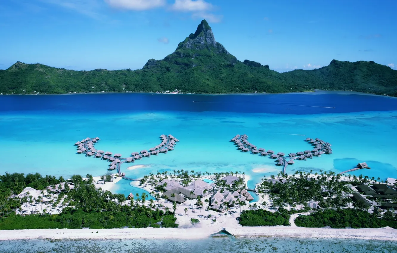 Photo wallpaper stay, relax, journey, the island of Bora Bora, The Pacific ocean, bungalovy hotel Suite, Aerial …