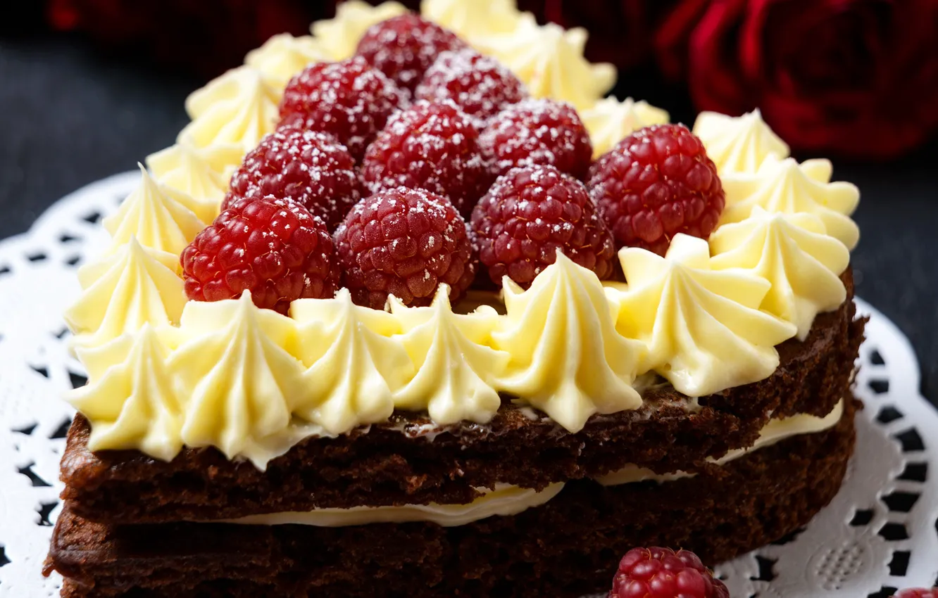 Photo wallpaper berries, raspberry, cake, cream, sweet, Valentine's Day, cakes, sweets