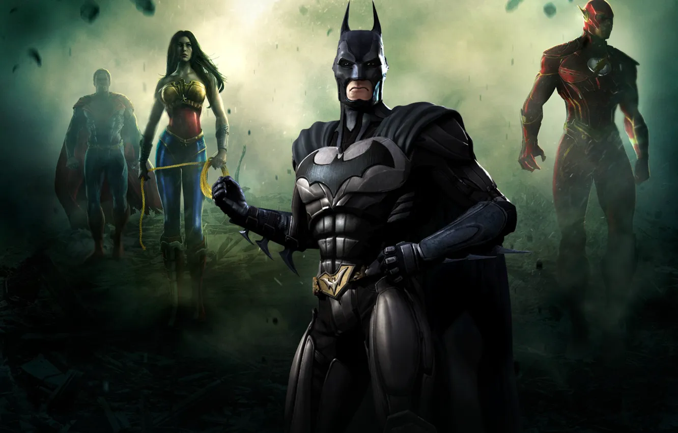 Photo wallpaper batman, superman, flash, fighting, Wonder women, Injustice: Gods Among Us
