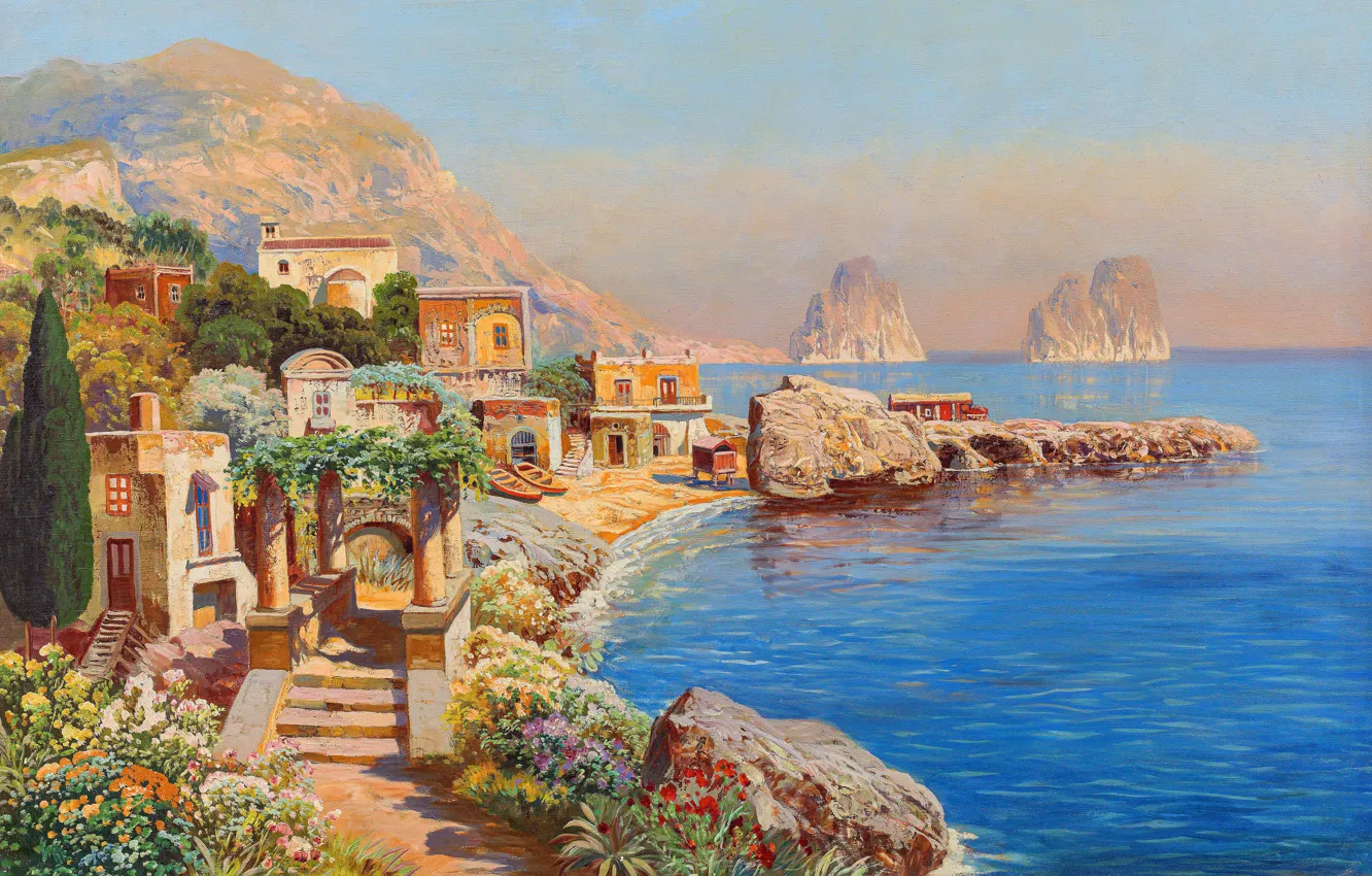 Photo wallpaper water, flowers, mountains, coast, home, picture, Alois Arnegger, Austrian painter