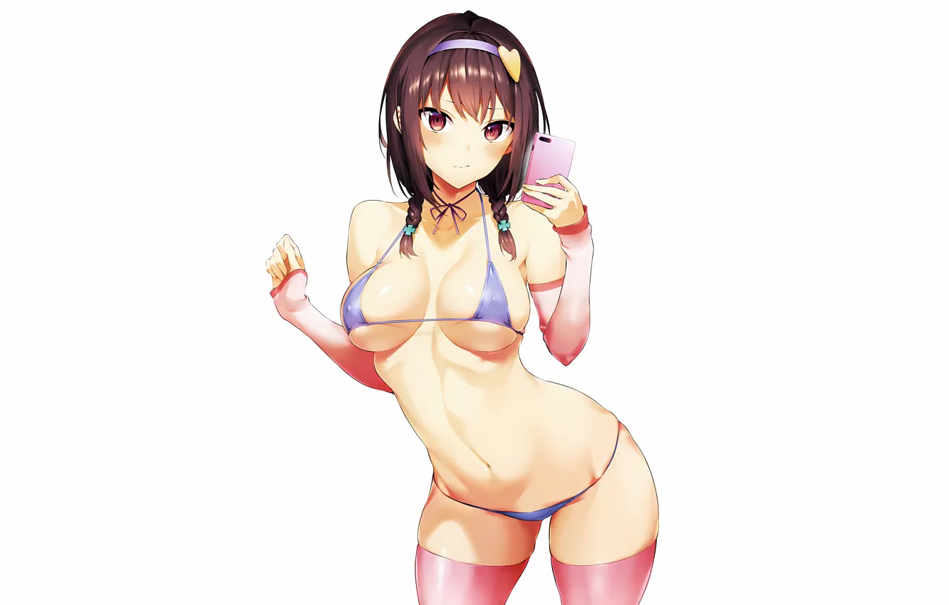 Photo wallpaper girl, sexy, thighhighs, brown hair, boobs, anime, beautiful, twintails