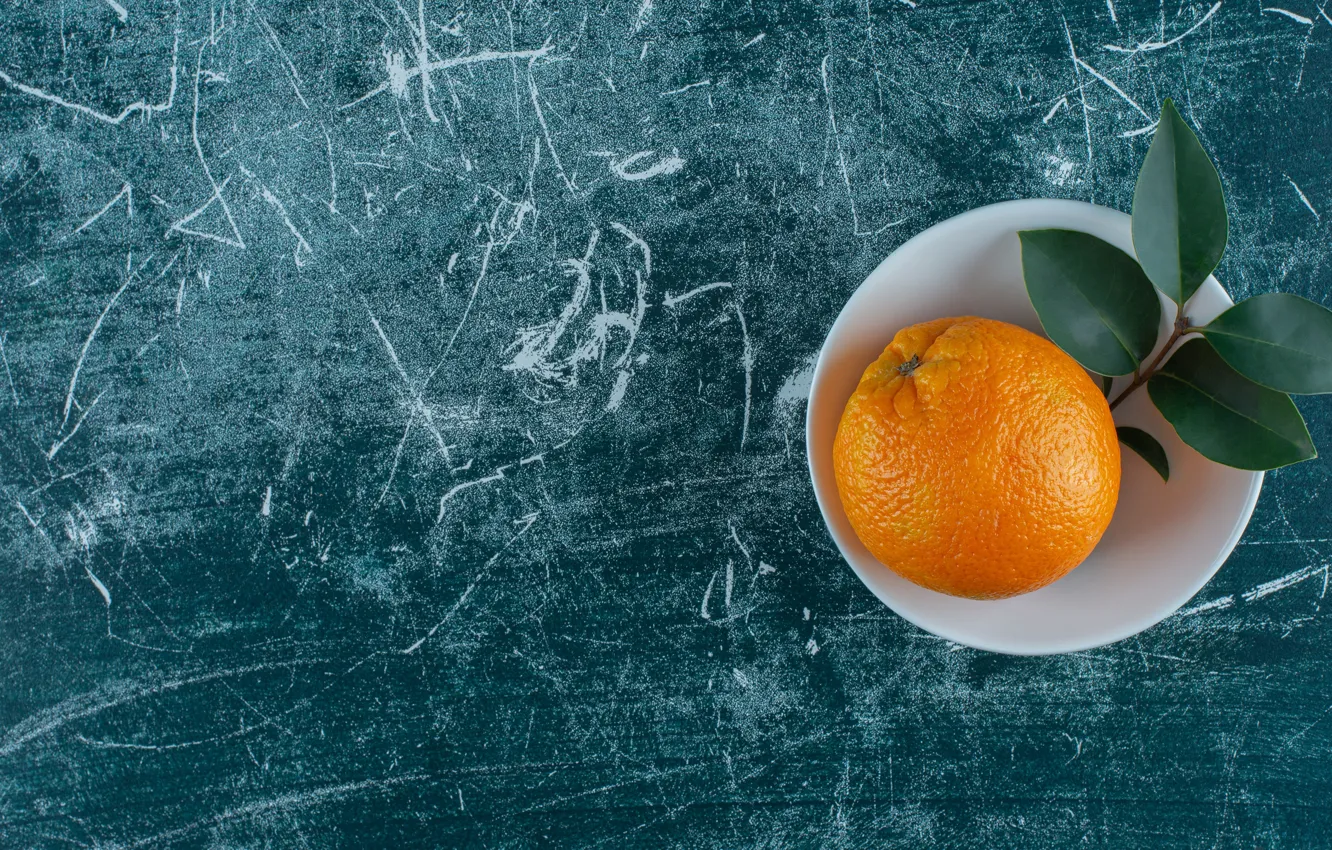 Photo wallpaper leaves, orange, bowl, blue background