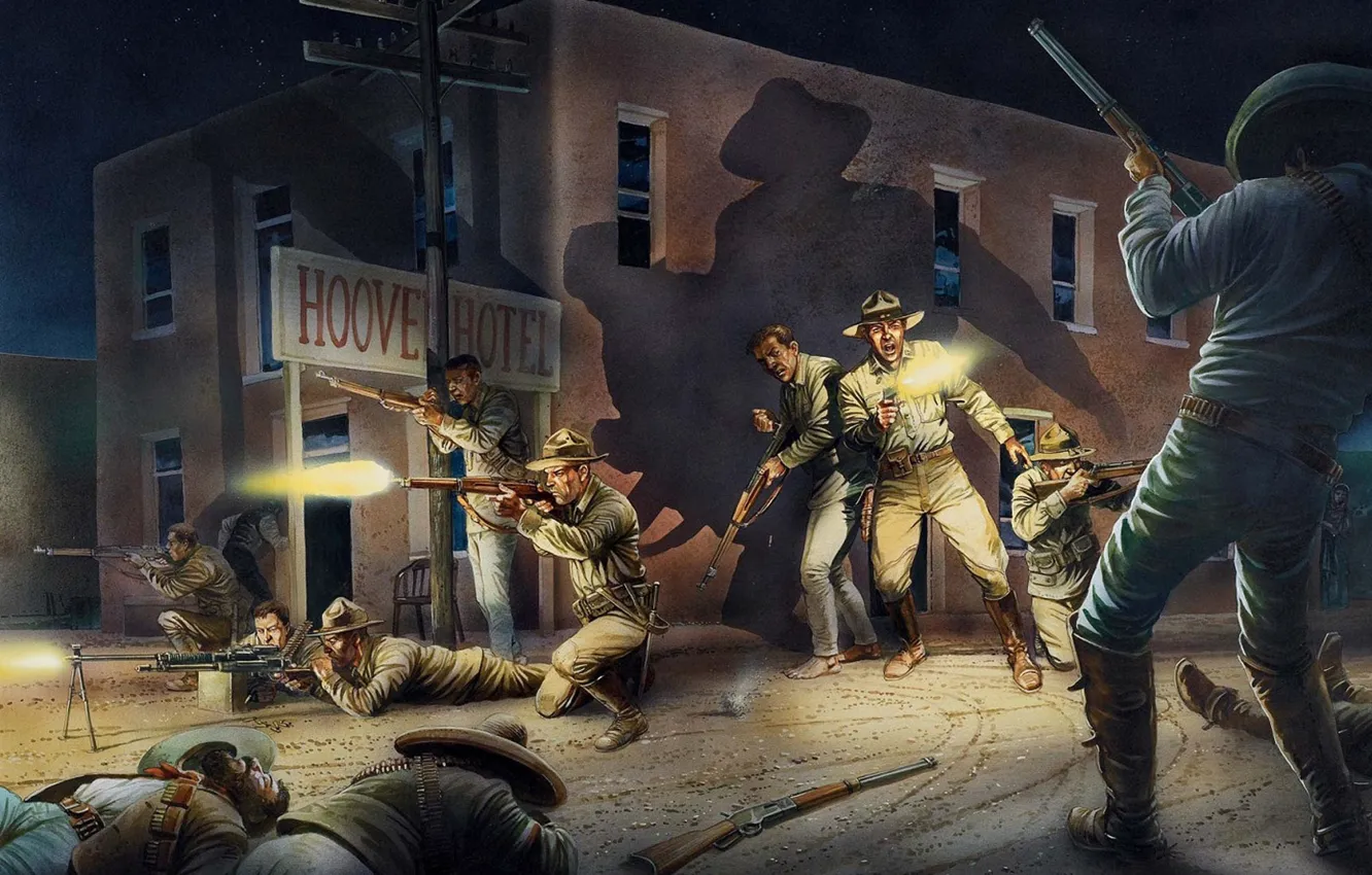 Photo wallpaper night, the city, figure, battle, Mexico, art, soldiers, clash