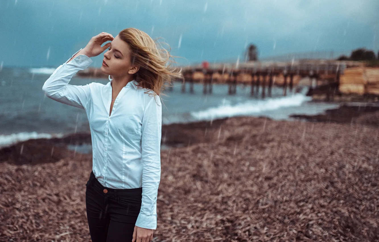 Photo wallpaper light, girl, summer, fashion, beach, rain, sky, sea