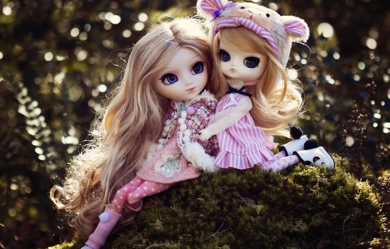 Photo wallpaper nature, toy, doll, girl, sitting, long hair