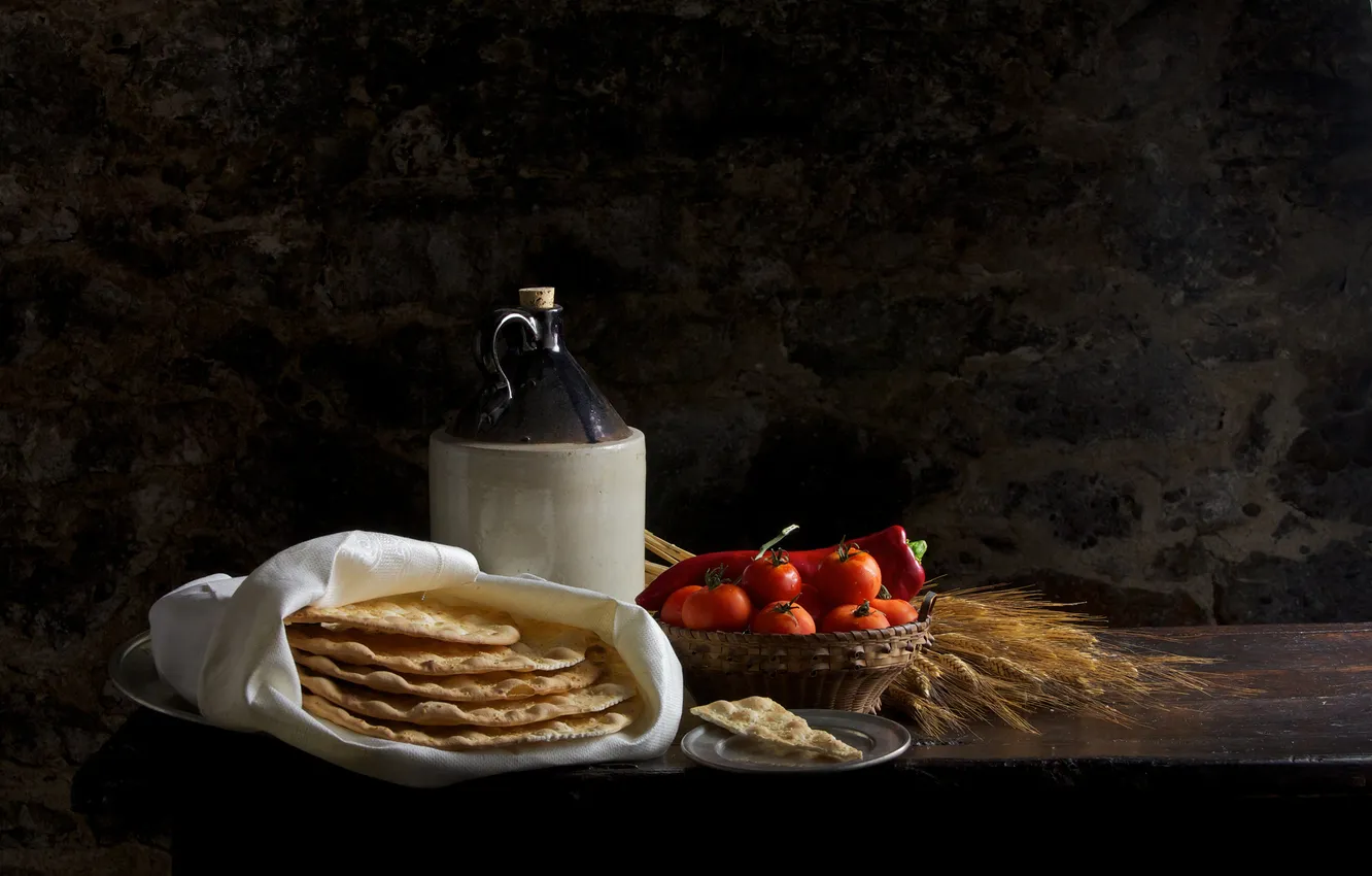 Photo wallpaper bottle, bread, ears, still life, tomatoes