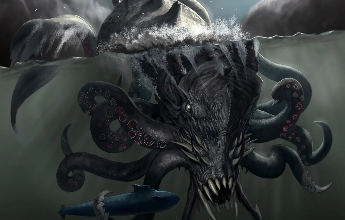 Photo wallpaper sea, depth, submarine, submarine, kraken