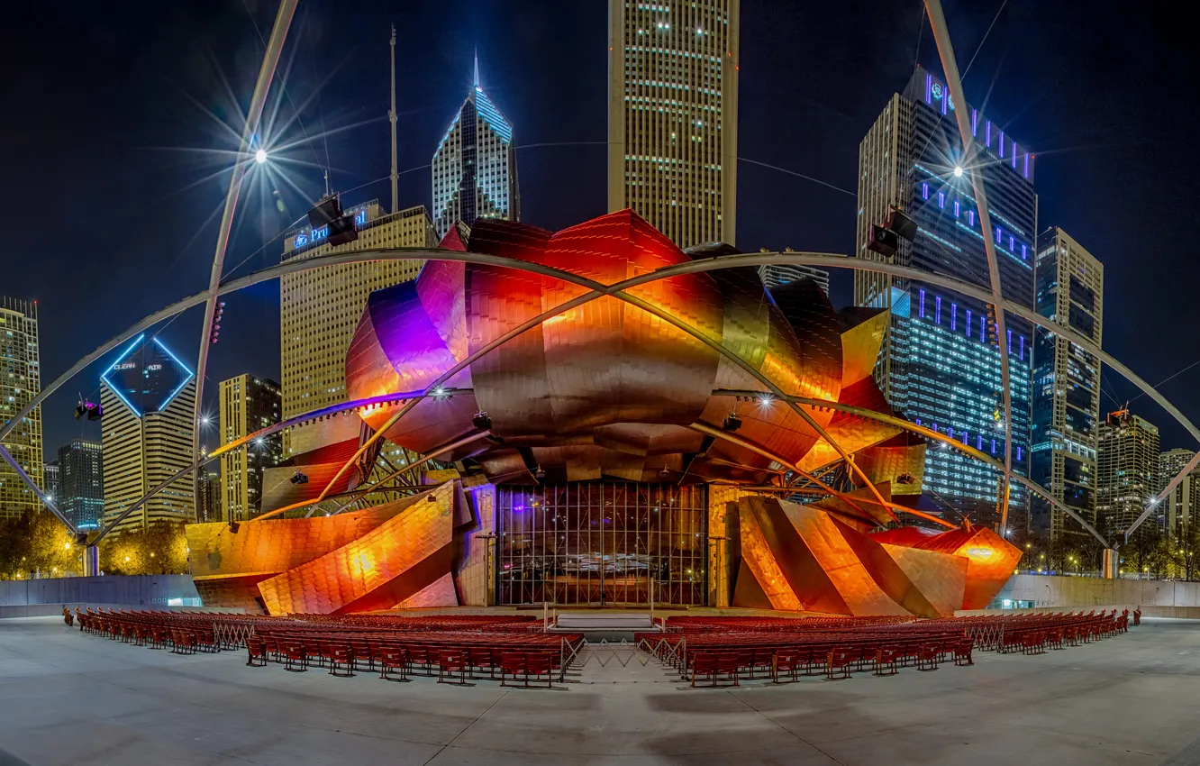 Photo wallpaper night, the city, theatre, USA, Chicago, Illinois, Pritzker Pavilion