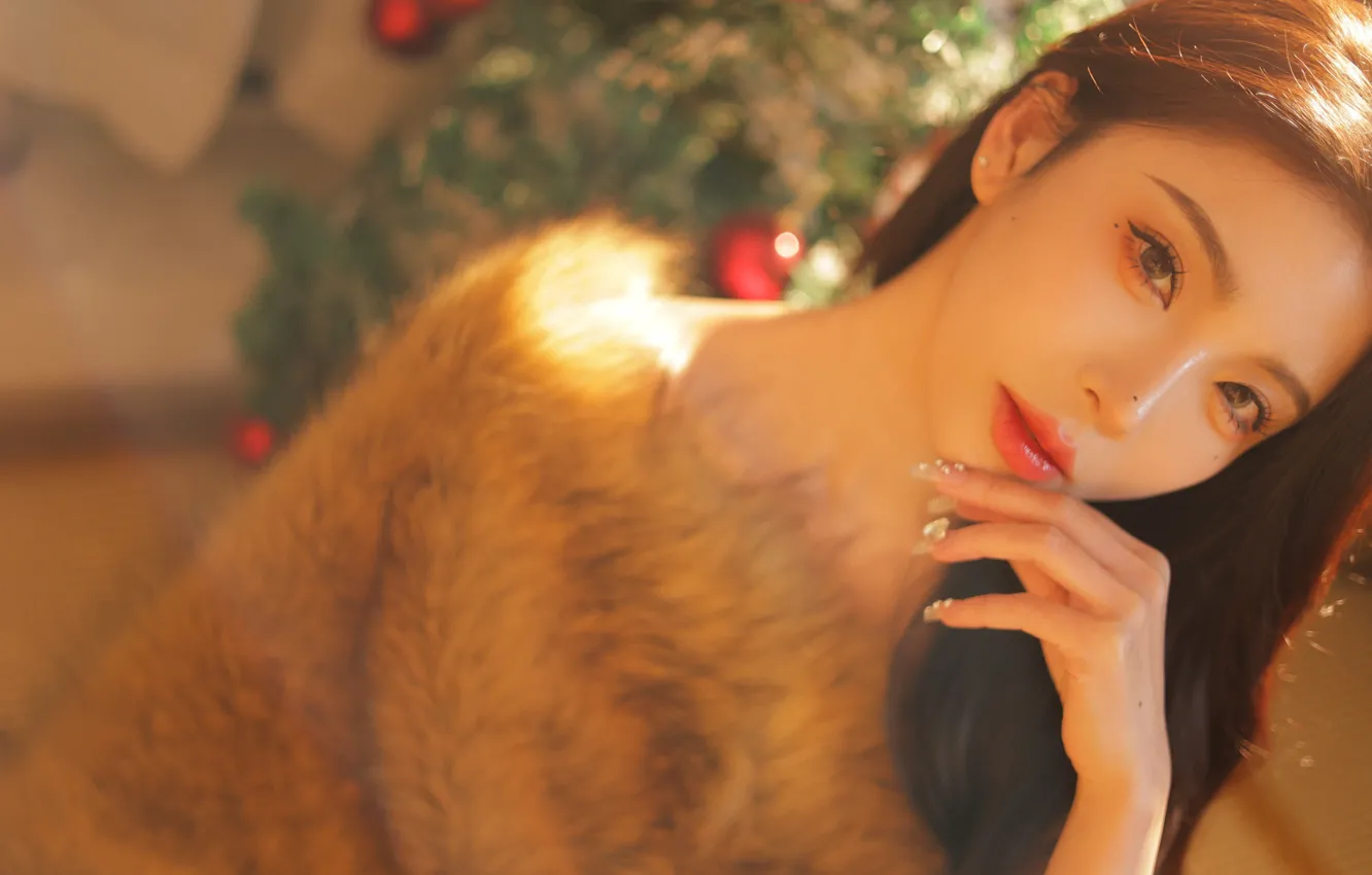 Photo wallpaper woman, beautiful, model, pretty, asian, fur, close up, Close Shot