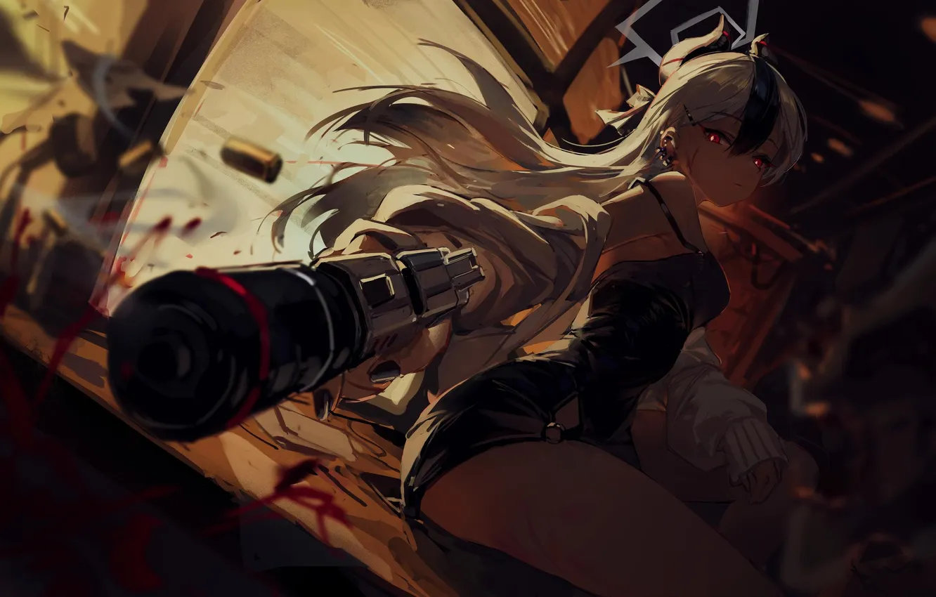 Photo wallpaper girl, weapons, the barrel, horns, gun, Blue Archive