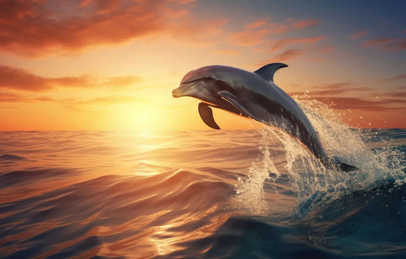 Photo wallpaper sea, the sun, clouds, dawn, jump, dolphins, digital art, AI art