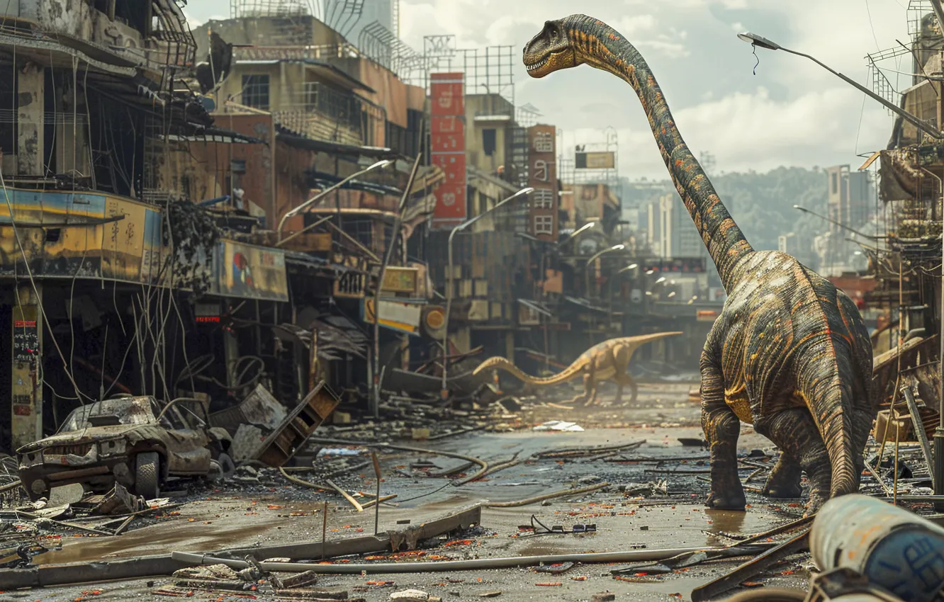 Photo wallpaper the city, animal, street, building, dinosaur, devastation, digital art, Ancient animals