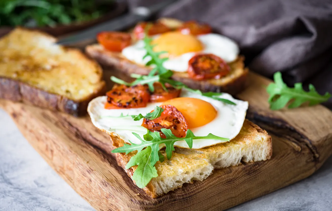 Photo wallpaper food, Breakfast, bread, scrambled eggs, tomatoes, sandwiches, cutting Board