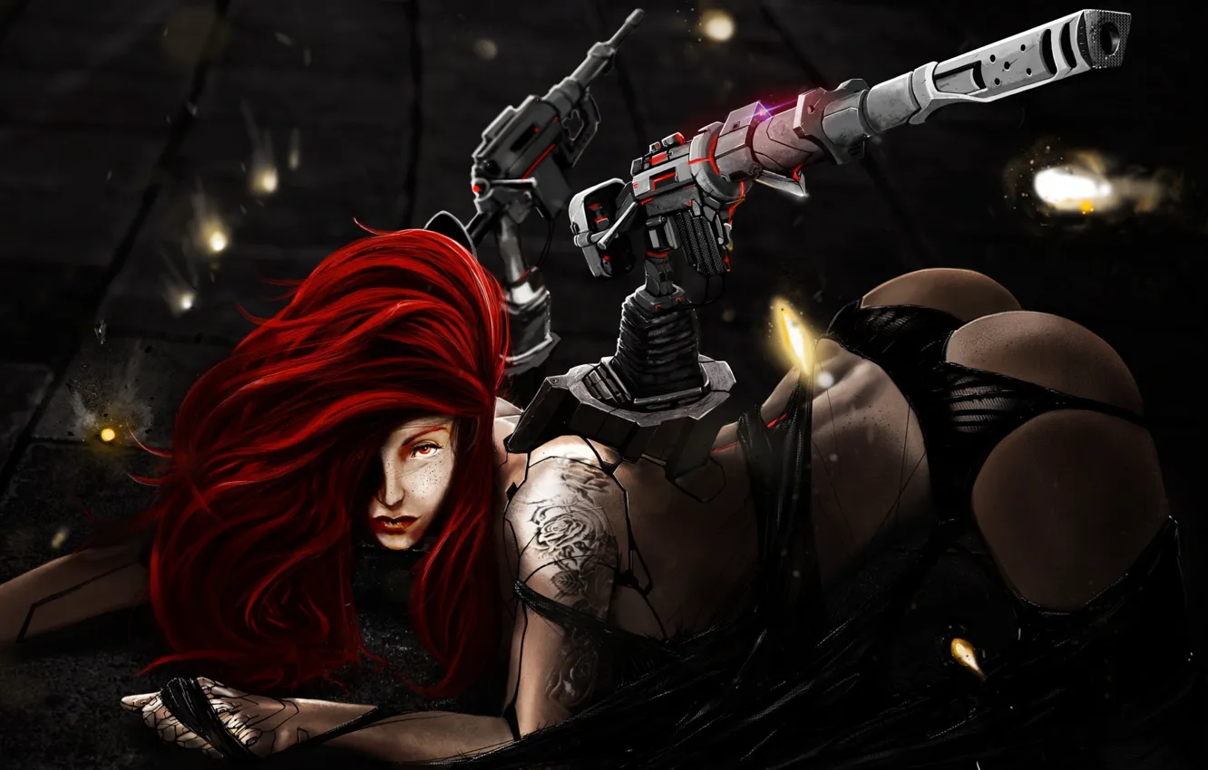 Photo wallpaper ass, look, girl, pose, weapons, fiction, hair, tattoo