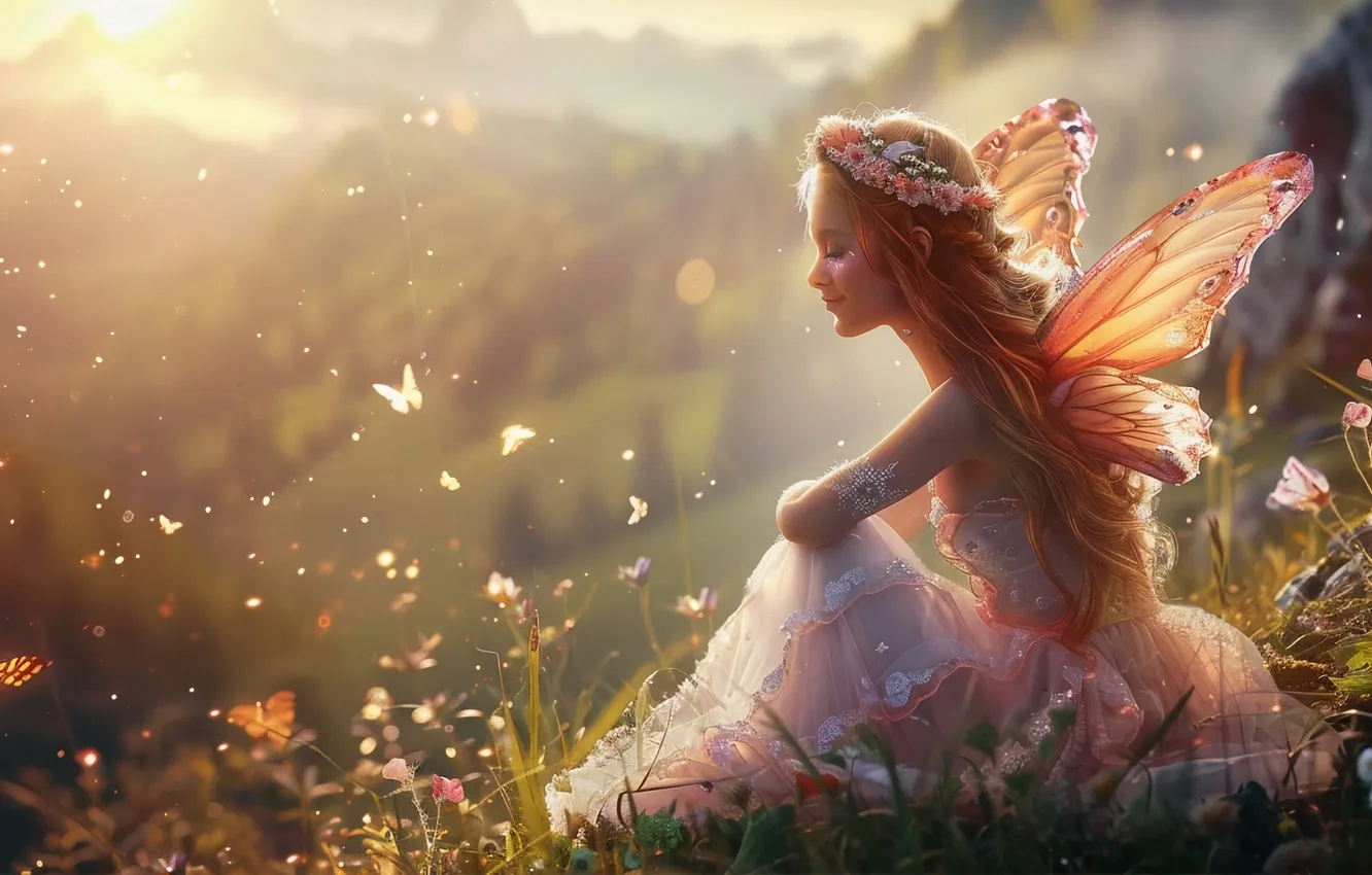 Photo wallpaper girl, flowers, smile, dawn, butterfly, wings, fairy, digital art