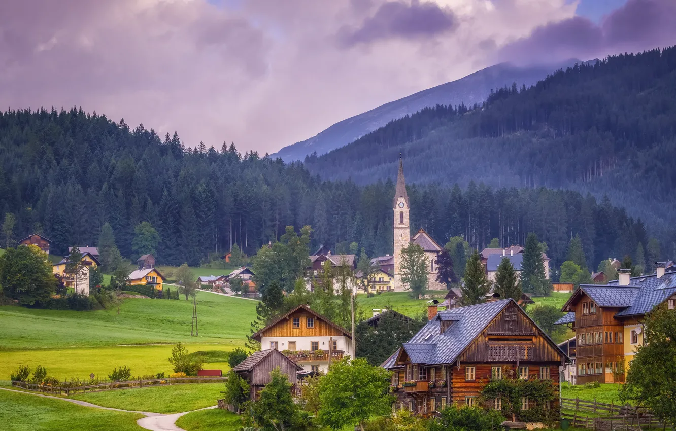 Photo wallpaper mountains, home, Austria, valley, cows, Alps, Church, Austria