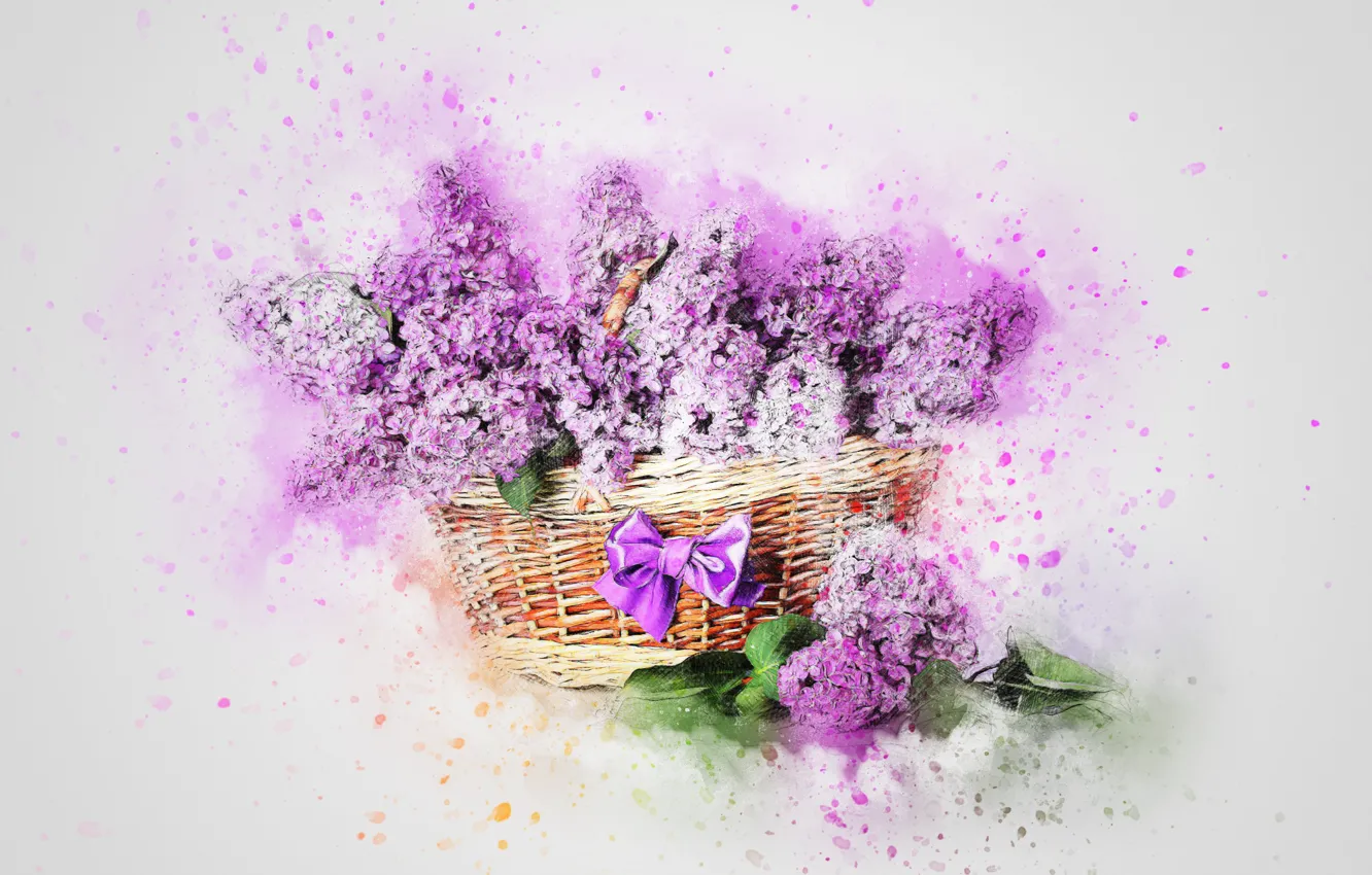 Photo wallpaper bouquet, picture, watercolor, basket, lilac