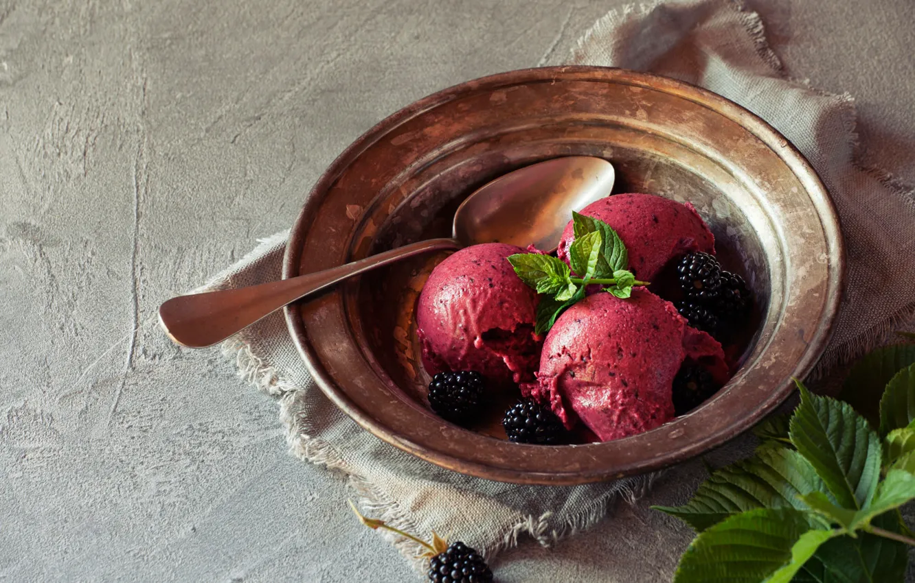 Photo wallpaper leaves, berries, table, food, plate, spoon, ice cream, dessert