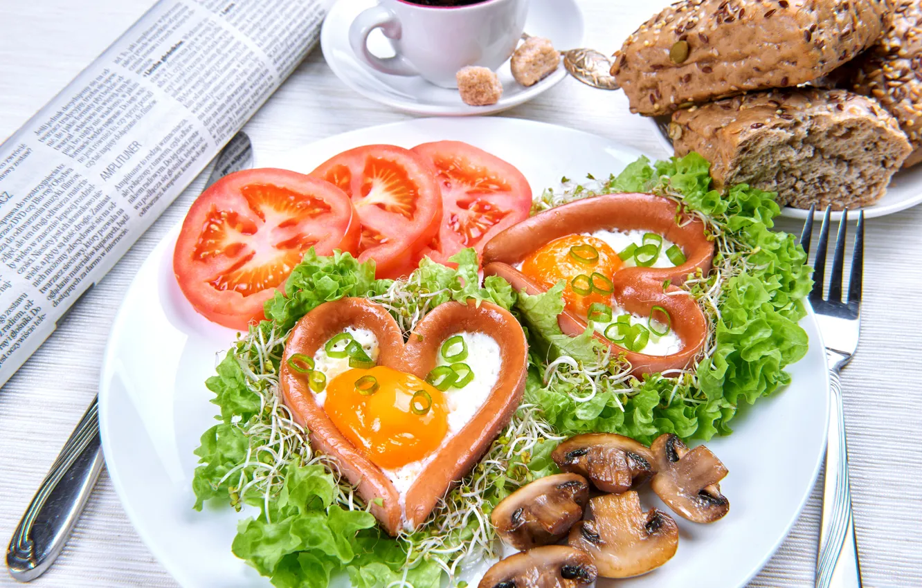 Photo wallpaper sausage, Heart, Mushrooms, Vegetables, Plate, Tomatoes, Food, Scrambled eggs